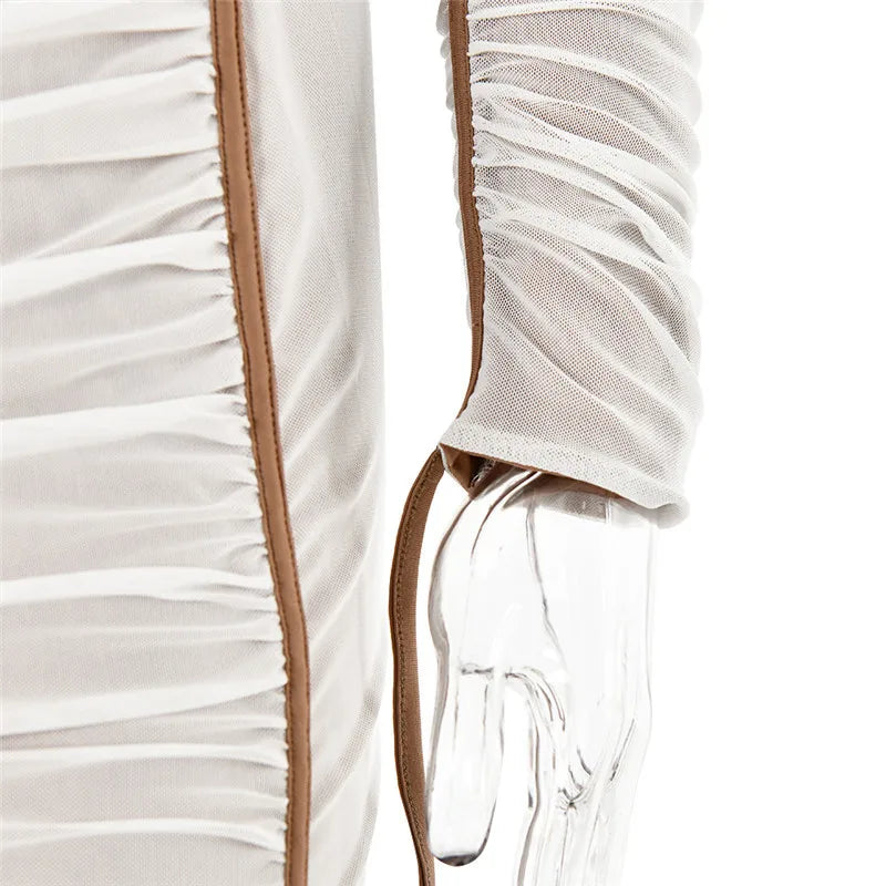 Diagonal Collar Long Sleeve Midi Dress For Women Two Layer Mesh Backless Ruched Bodycon Club Party Sexy Long Dress