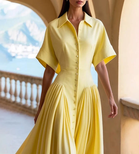 Woman Summer Elegant Midi Dresses 2025 High Waist Lapel Neck Short Sleeves Buttoned Flowy A Line Shirt Dress for Women
