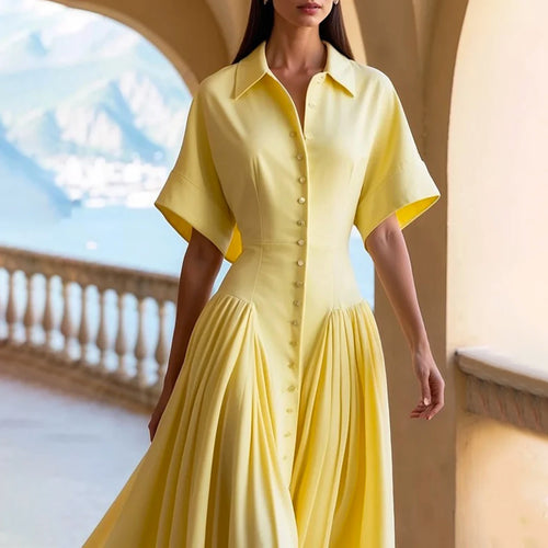 Load image into Gallery viewer, Woman Summer Elegant Midi Dresses 2025 High Waist Lapel Neck Short Sleeves Buttoned Flowy A Line Shirt Dress for Women
