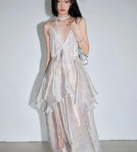 Women Lace Perspective Irregular Elegant Long Party Dress New V-Neck Sleeveless Fashion Tide Spring Summer 2025 1DH7527