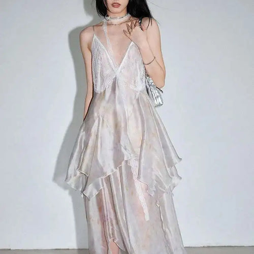 Load image into Gallery viewer, Women Lace Perspective Irregular Elegant Long Party Dress New V-Neck Sleeveless Fashion Tide Spring Summer 2025 1DH7527
