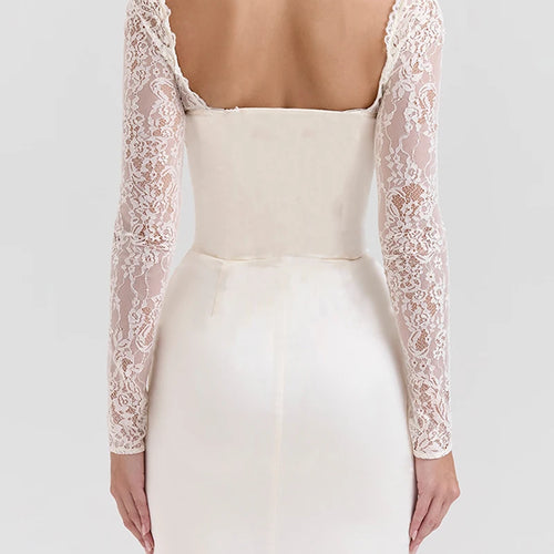 Load image into Gallery viewer, Lace Long Sleeve Sexy Maxi Dress For Women White Square Collar Backless Back Split Bodycon Club Party Long Dress
