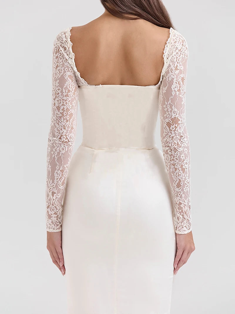 Lace Long Sleeve Sexy Maxi Dress For Women White Square Collar Backless Back Split Bodycon Club Party Long Dress