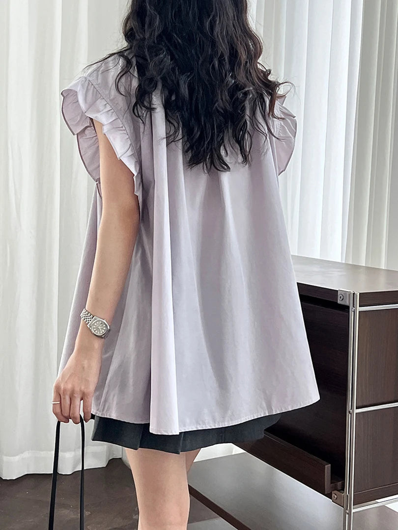 Women Green Purple Ruffles Big Size Elegant Blouse New V-Neck Sleeveless Shirt Fashion Tide Spring Summer 2025 1DJ1563