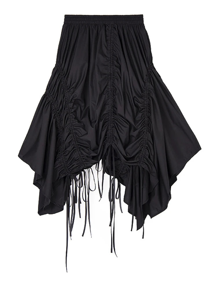 High Elastic Waist Black Irregular Hem Drawstring Half-body Skirt Women Fashion Tide New Spring Autumn 2025  1DJ0643