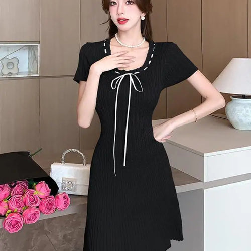 Load image into Gallery viewer, Korean Women's Black Beige Round Neck Knitted Office Lady Short Sleeve Mini Dress Summer Green Lace-up Short Dresses Simplicity
