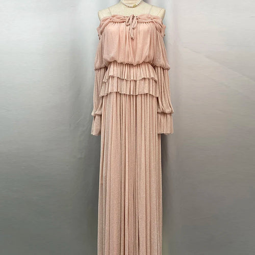 Load image into Gallery viewer, Solid Spliced Lace Up Loose Dresses For Women Slash Neck Long Sleeve High Waist Temperament Long Dress Female New
