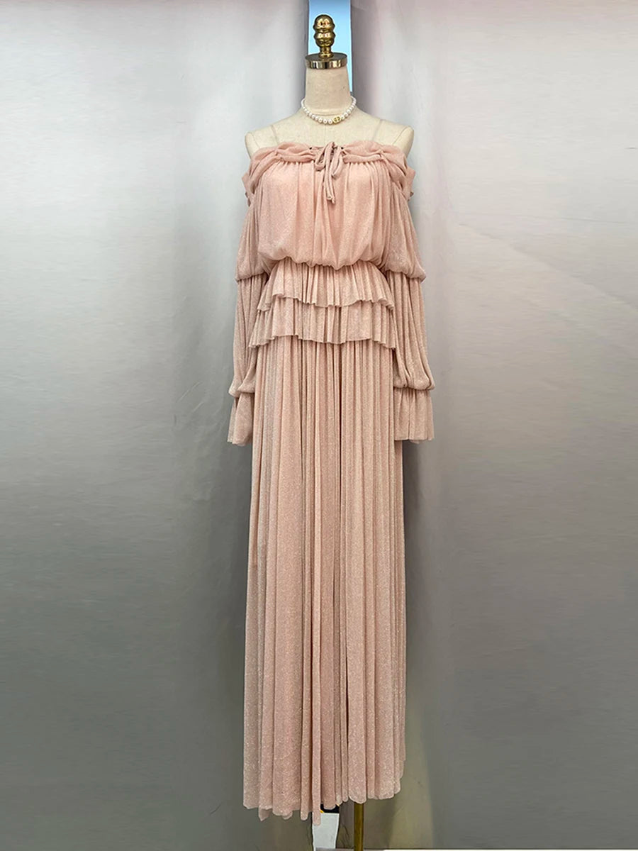 Solid Spliced Lace Up Loose Dresses For Women Slash Neck Long Sleeve High Waist Temperament Long Dress Female New