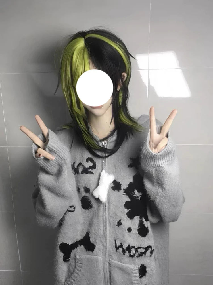 Y2k Aesthetic Gray Cartoon Jacquard Cardigans Winter Hooded Streetwear Oversized Tops Grunge Casual Zippers Knitted Sweaters