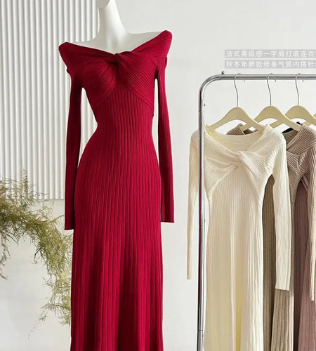 French Women's Autumn Winter White Elegant Slim Knitted Sweater Dress Khaki Red Long Sleeved Office Pleated Dress Fashion Simple