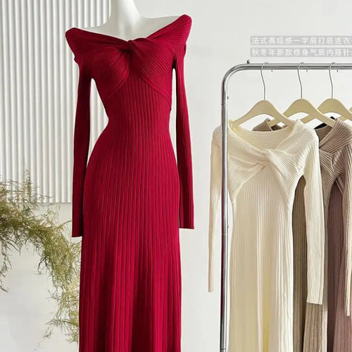 Load image into Gallery viewer, French Women's Autumn Winter White Elegant Slim Knitted Sweater Dress Khaki Red Long Sleeved Office Pleated Dress Fashion Simple
