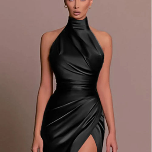 Load image into Gallery viewer, Satin Hanging Collar Sleeveless Split Slim Fit Dress Women Slim 2024 Summer New Long Dress Elegant Party Evening Dress
