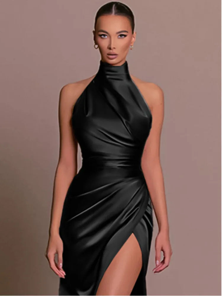 Satin Hanging Collar Sleeveless Split Slim Fit Dress Women Slim 2024 Summer New Long Dress Elegant Party Evening Dress