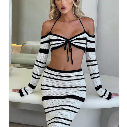 Load image into Gallery viewer, Sexy Knitted Sweater Women Set 2024 New Striped Long Sleeved Hanging Collar Skirt Two-piece Set Party Vacation Beachwear
