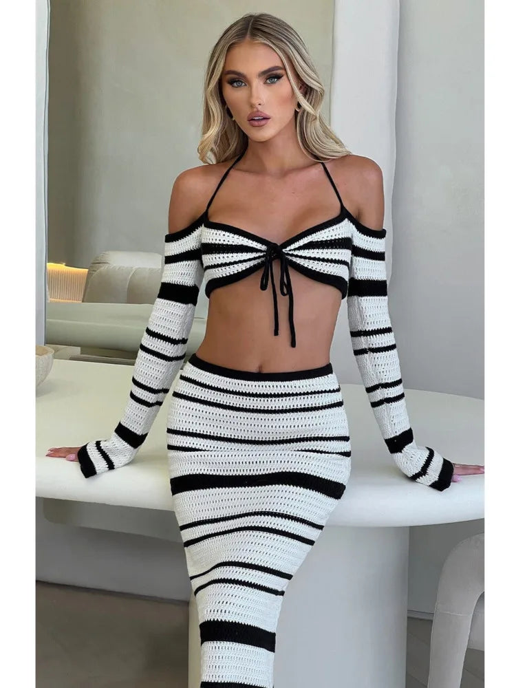 Sexy Knitted Sweater Women Set 2024 New Striped Long Sleeved Hanging Collar Skirt Two-piece Set Party Vacation Beachwear