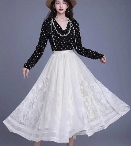 Spring Summer Women Vintage Black White Lace Elegant Long Skirts French Fashion Brown High Waist Vacation Pleated Skirt Popular