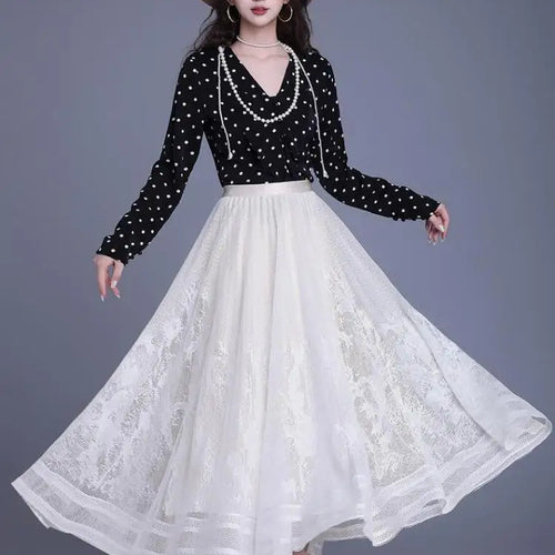 Load image into Gallery viewer, Spring Summer Women Vintage Black White Lace Elegant Long Skirts French Fashion Brown High Waist Vacation Pleated Skirt Popular
