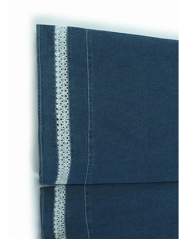 High Waist Blue Lace Hollow Out Denim Long Wide Leg Jeans New Women Trousers Fashion Tide Spring Autumn 2025 1DH9655