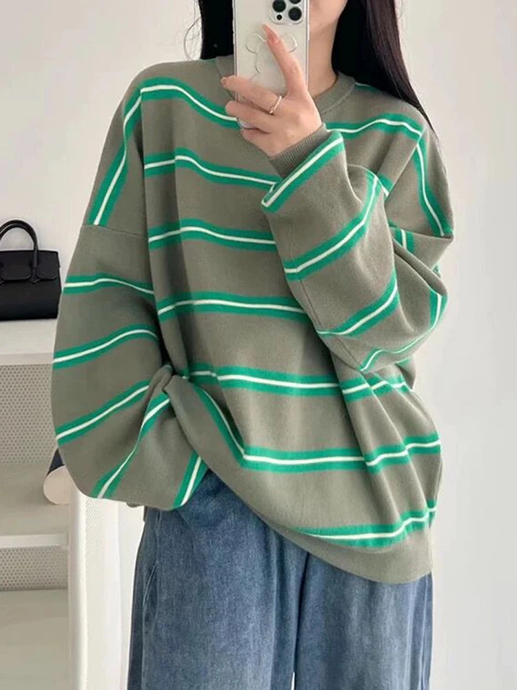 Women Fashion Pullovers Soft Round Neck 2023 Fall Winter Ladies Vintage Loose Sweaters Female Striped Casual Knitwear C-219