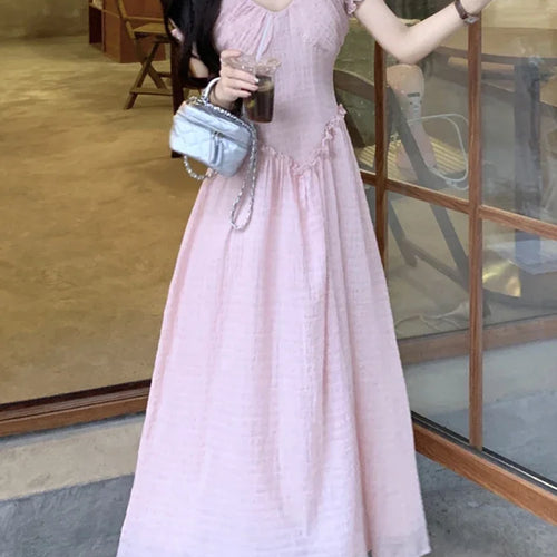 Load image into Gallery viewer, Pink Edible Tree Fungus V-neck Female Dresses Puff Sleeve Slim Waist Solid Color French Style Elegant Chic Women&#39;s Dress
