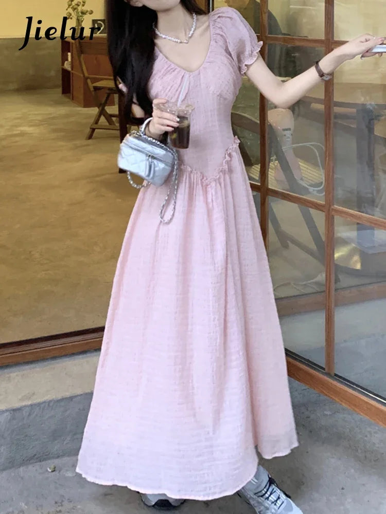 Pink Edible Tree Fungus V-neck Female Dresses Puff Sleeve Slim Waist Solid Color French Style Elegant Chic Women's Dress