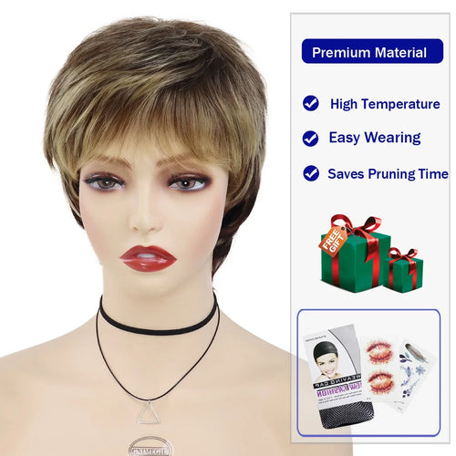 Load image into Gallery viewer, Synthetic Short Pixie Cut Wig Women Natural Hairstyle Bangs Wig Blonde Mix Brown Soft Straight Wig for Chemo Patient
