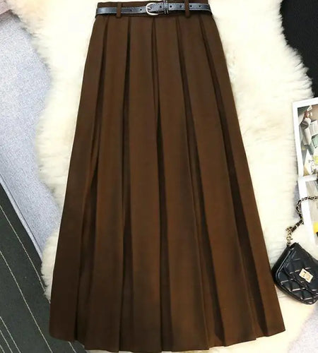 Korean Black Woolen Skirt Women Elegant Brown Autumn Winter High Waist A-line Office Fashion Gray Zippered Pleated Long Skirts