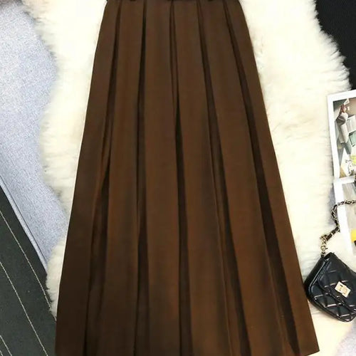 Load image into Gallery viewer, Korean Black Woolen Skirt Women Elegant Brown Autumn Winter High Waist A-line Office Fashion Gray Zippered Pleated Long Skirts
