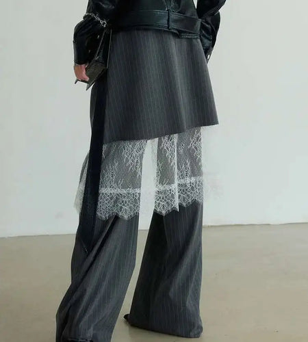 High Waist Gray Striped Lace Irregular Long Wide Leg Pants New Trousers Women Fashion Tide Spring Autumn 2025 1DH7081