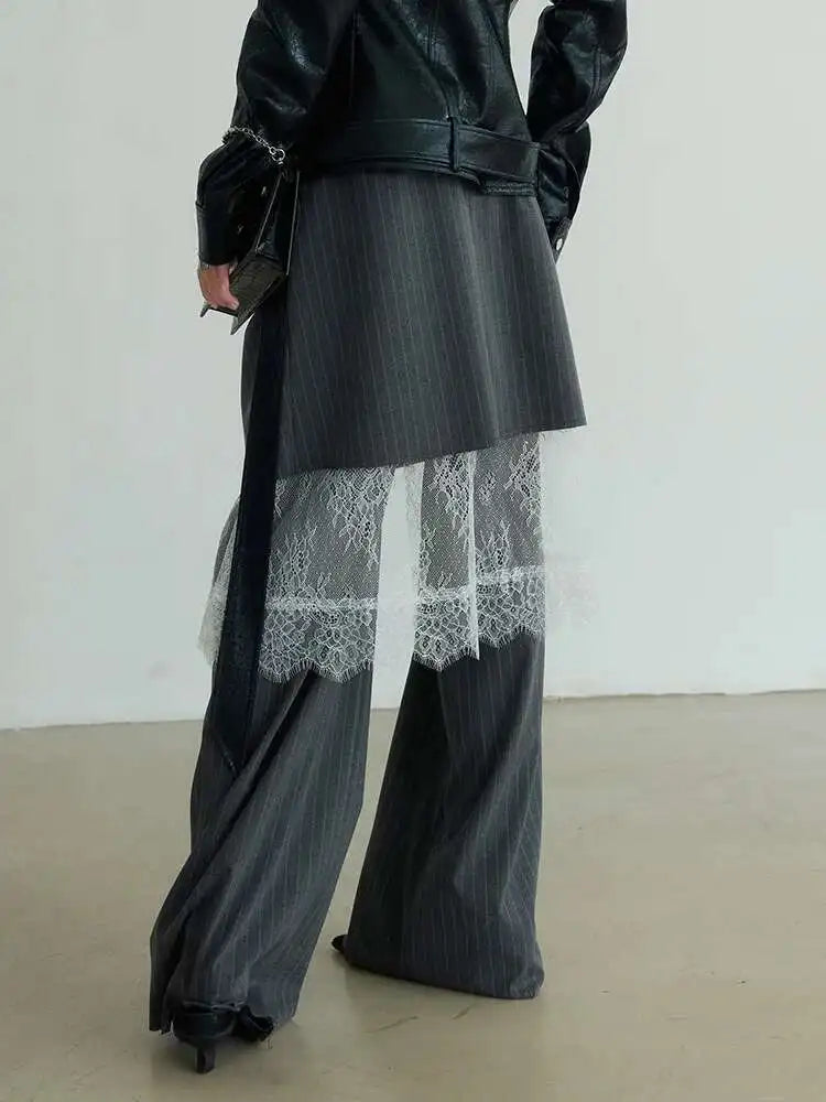 High Waist Gray Striped Lace Irregular Long Wide Leg Pants New Trousers Women Fashion Tide Spring Autumn 2025 1DH7081