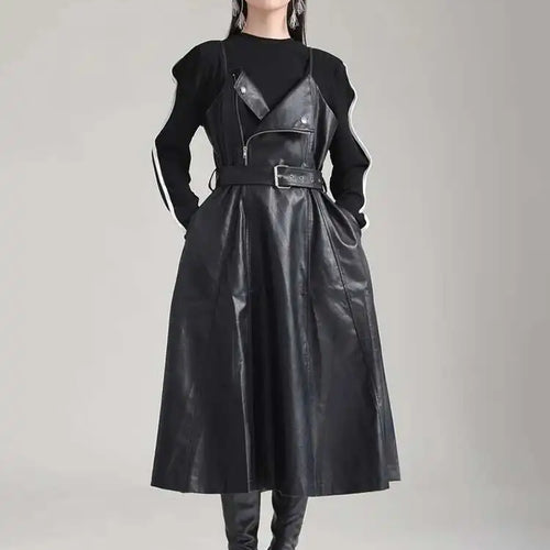Load image into Gallery viewer, Women Black Pu Leather Belted Long A-line Dress New V-Neck Sleeveless Loose Fit Fashion Tide Spring Autumn 2025 1DH2000
