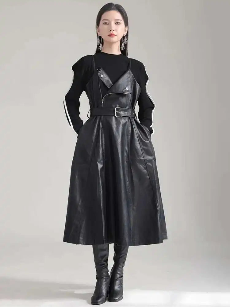 Women Black Pu Leather Belted Long A-line Dress New V-Neck Sleeveless Loose Fit Fashion Tide Spring Autumn 2025 1DH2000