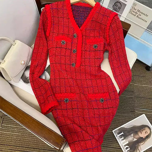 Load image into Gallery viewer, New Year Women&#39;s Plaid Red Dress V-neck Comfortable Knitted Casual Office Ladies Button Mini Dress C-221
