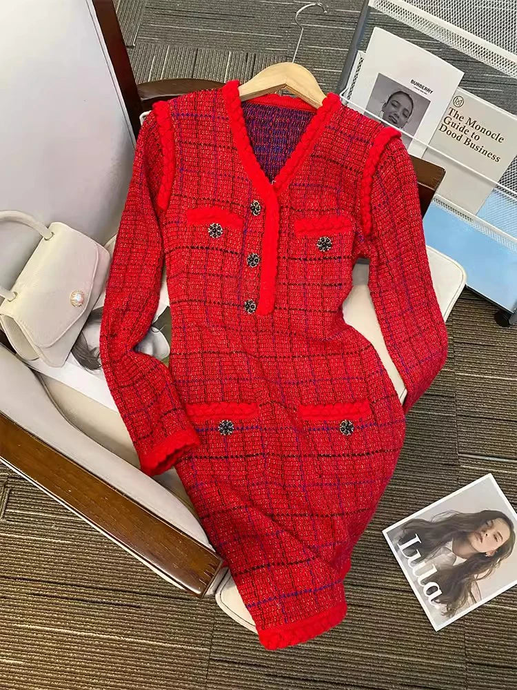 New Year Women's Plaid Red Dress V-neck Comfortable Knitted Casual Office Ladies Button Mini Dress C-221