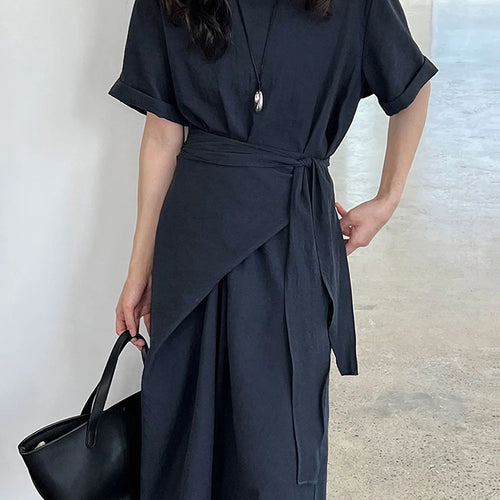 Load image into Gallery viewer, Women Navy Blue Cross Bandage Big Size Elegant Midi Dress New Round Neck Short Sleeve Fashion Spring Summer 2025 1DJ1359

