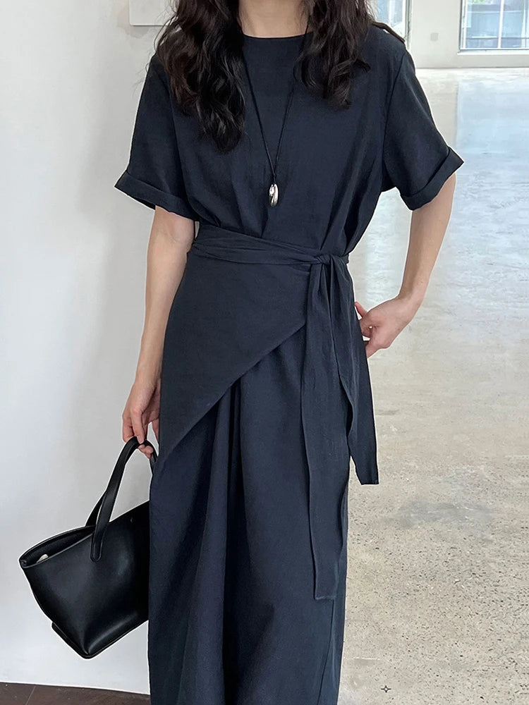 Women Navy Blue Cross Bandage Big Size Elegant Midi Dress New Round Neck Short Sleeve Fashion Spring Summer 2025 1DJ1359