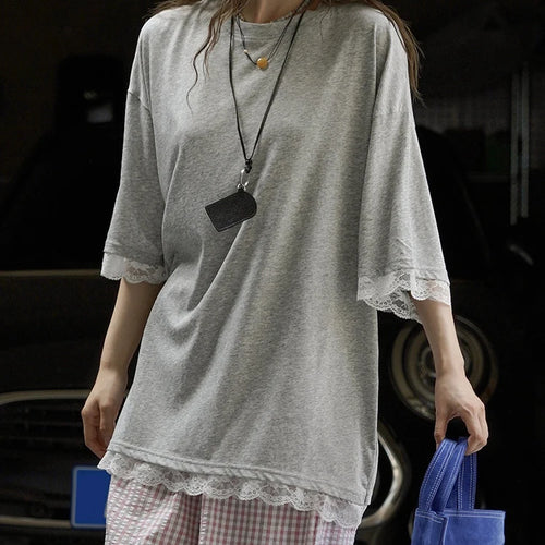 Load image into Gallery viewer, Women Gray Lace Hem Big Size Casual T-shirt New Round Neck Three-quarter Sleeve Fashion Tide Spring Autumn 2025 1DJ1929
