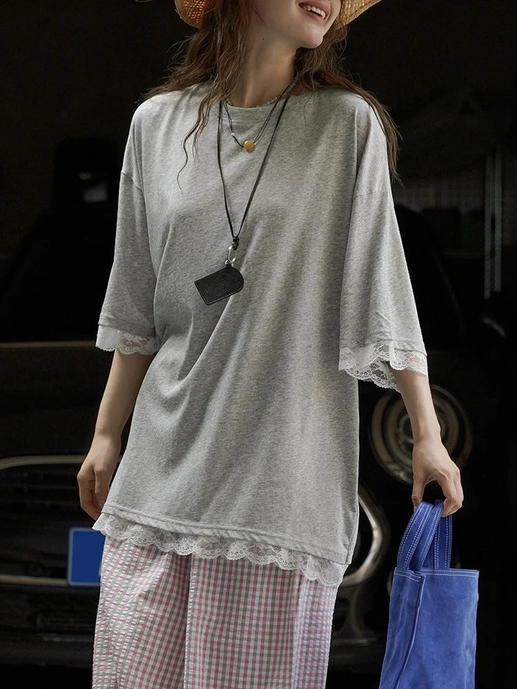 Women Gray Lace Hem Big Size Casual T-shirt New Round Neck Three-quarter Sleeve Fashion Tide Spring Autumn 2025 1DJ1929