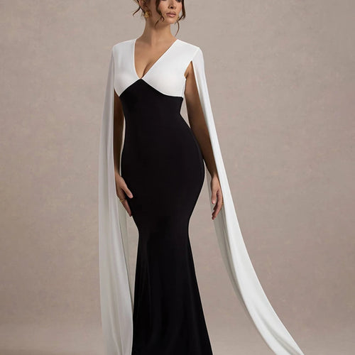 Load image into Gallery viewer, Cape Sleeve V Neck Sexy Maxi Dress For Women White Black Patchwork Backless Bodycon Evening Sexy Long Dress Elegant
