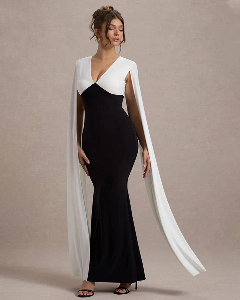Cape Sleeve V Neck Sexy Maxi Dress For Women White Black Patchwork Backless Bodycon Evening Sexy Long Dress Elegant