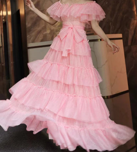 Solid Spliced Ruffles Loose Dresses For Women Slash Neck Short Sleeve High Waist Temperament Dresses Female Fashion