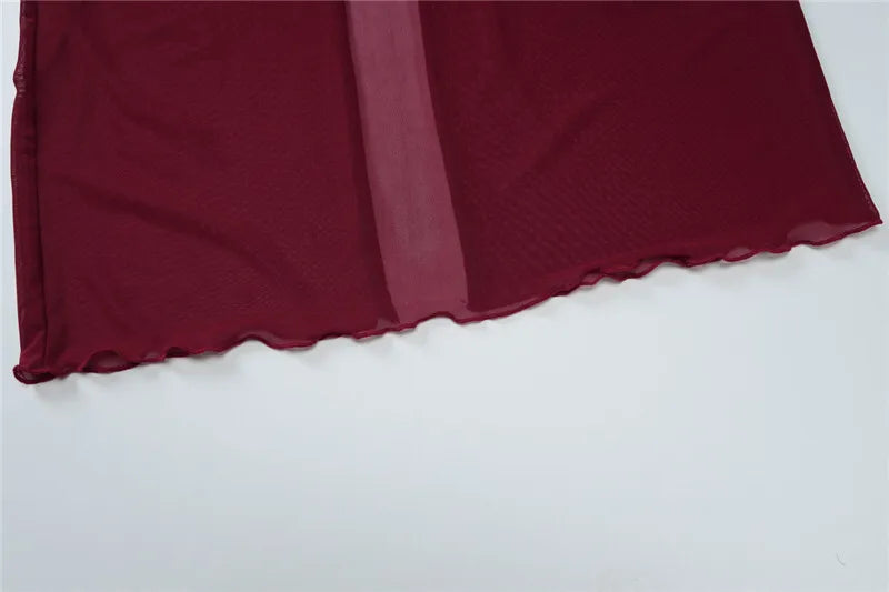 Mesh See Through Sexy Maxi Dress For Women Burgundy Spaghetti Strap Sleeveless Backless Elegant Club Party Long Dress