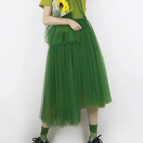 Load image into Gallery viewer, Women Green Mesh Irregular Elegant Dress New Round Neck Sleeveless Loose Fit Fashion Tide Spring Summer 2025 1DF9867
