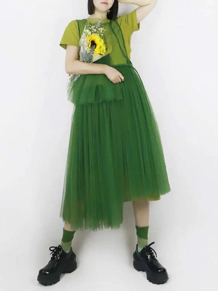 Women Green Mesh Irregular Elegant Dress New Round Neck Sleeveless Loose Fit Fashion Tide Spring Summer 2025 1DF9867