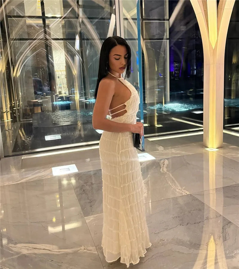 Halter Backless Sexy Maxi Dress For Women Spring Summer New Lace-up Sleeveless Pleated Beach Holiday Long Dress Elegant