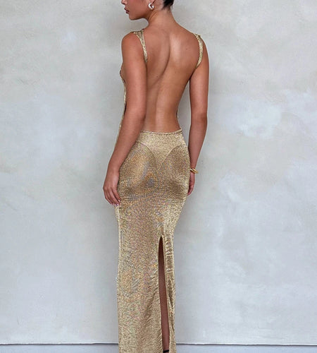 Knitted Sleeveless Backless Solid Slit Sexy See Through Slim Maxi Dress Summer Women Fashion Y2K Clothes Beach Festival