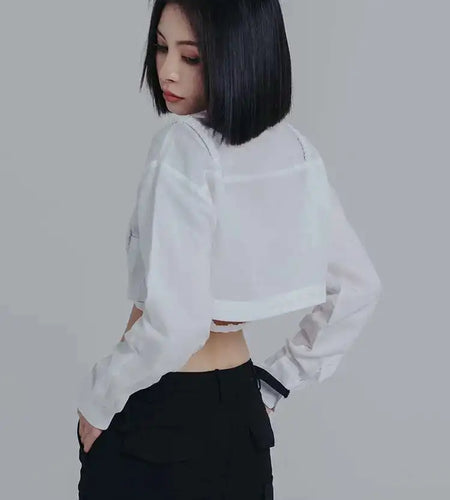 Women White Bandage Short Big Size Blouse New Lapel Long Sleeve Loose Fit Shirt Fashion Tide Spring Autumn 2025 1DE6579