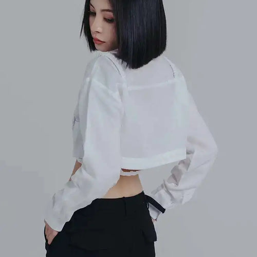 Load image into Gallery viewer, Women White Bandage Short Big Size Blouse New Lapel Long Sleeve Loose Fit Shirt Fashion Tide Spring Autumn 2025 1DE6579
