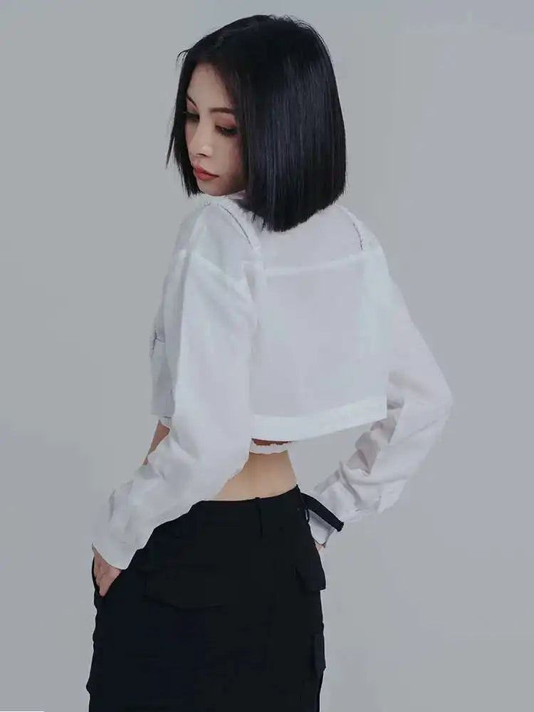 Women White Bandage Short Big Size Blouse New Lapel Long Sleeve Loose Fit Shirt Fashion Tide Spring Autumn 2025 1DE6579