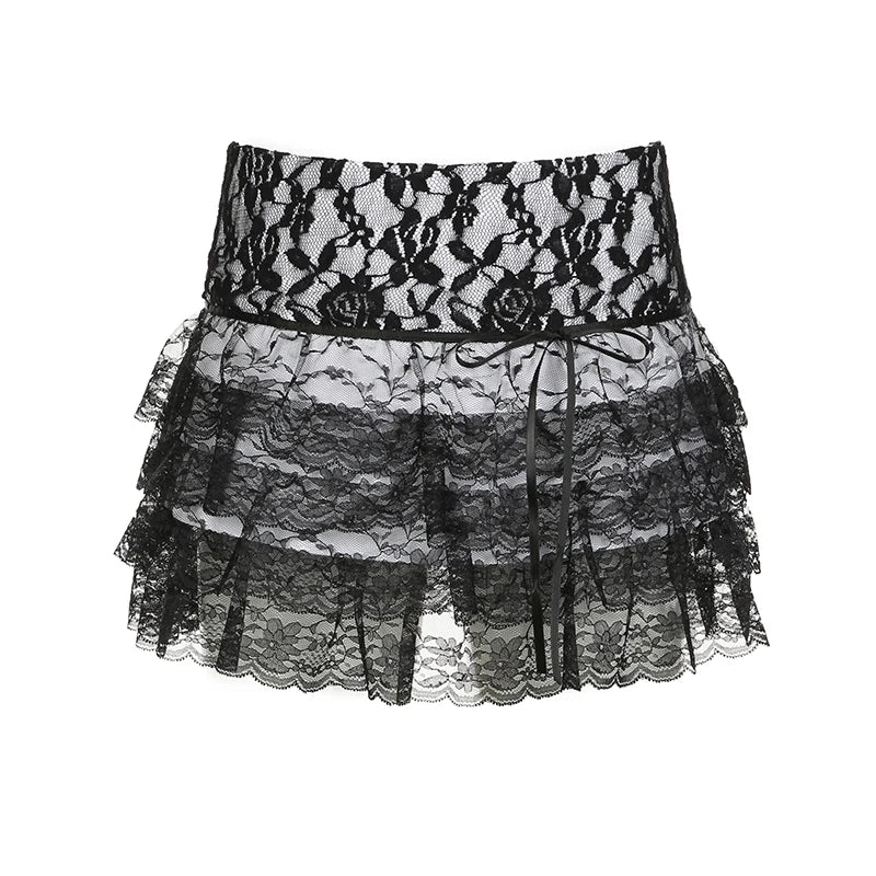 Fashion Y2K Gothic Dark Lace Skirt Mini Tierred Vintage See Through Sexy Summer Skirt Women A-Line Three-Layer Bottom